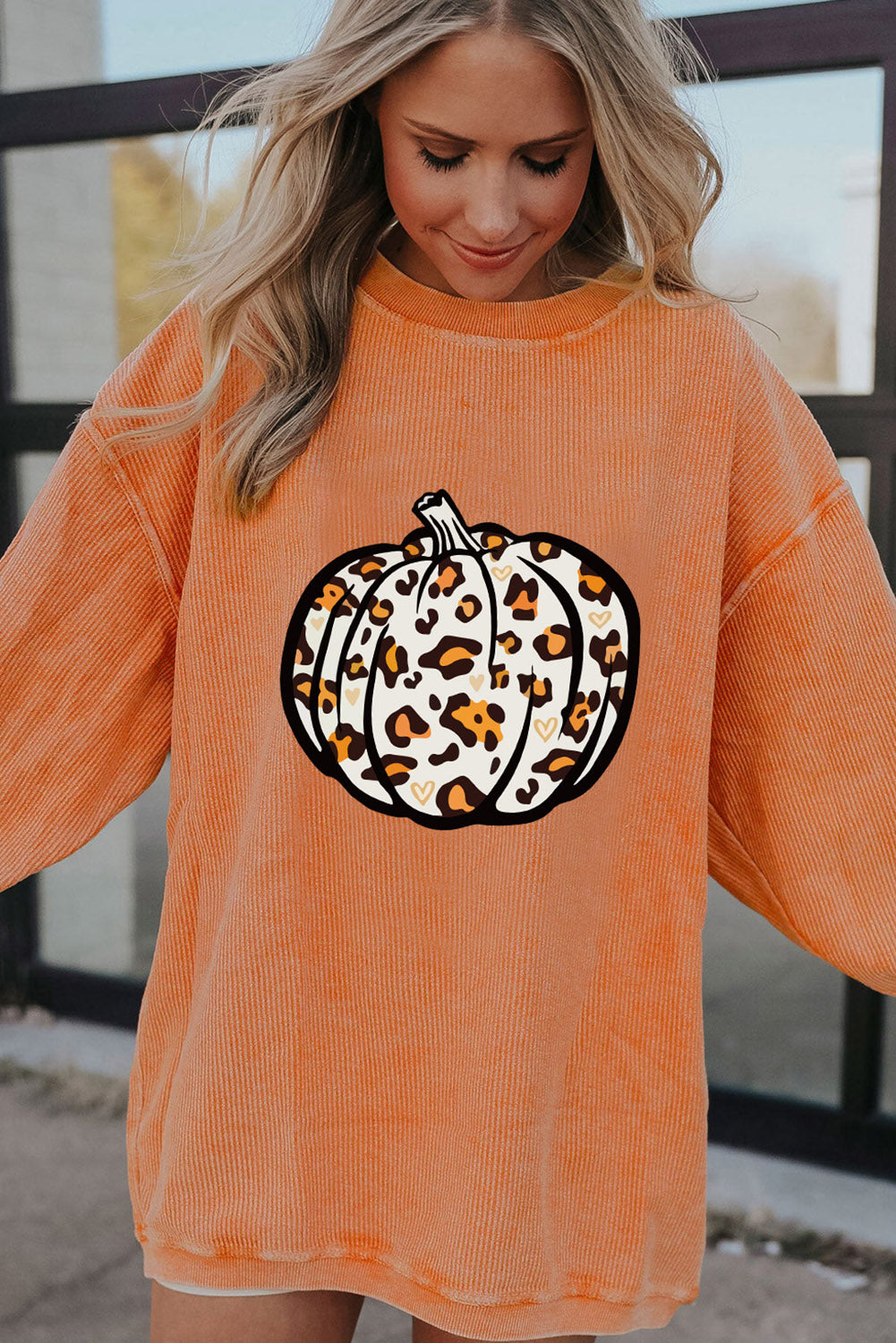 Orange Leopard Pumpkin Graphic Corded Sweatshirt ff5a2dc83d12788e