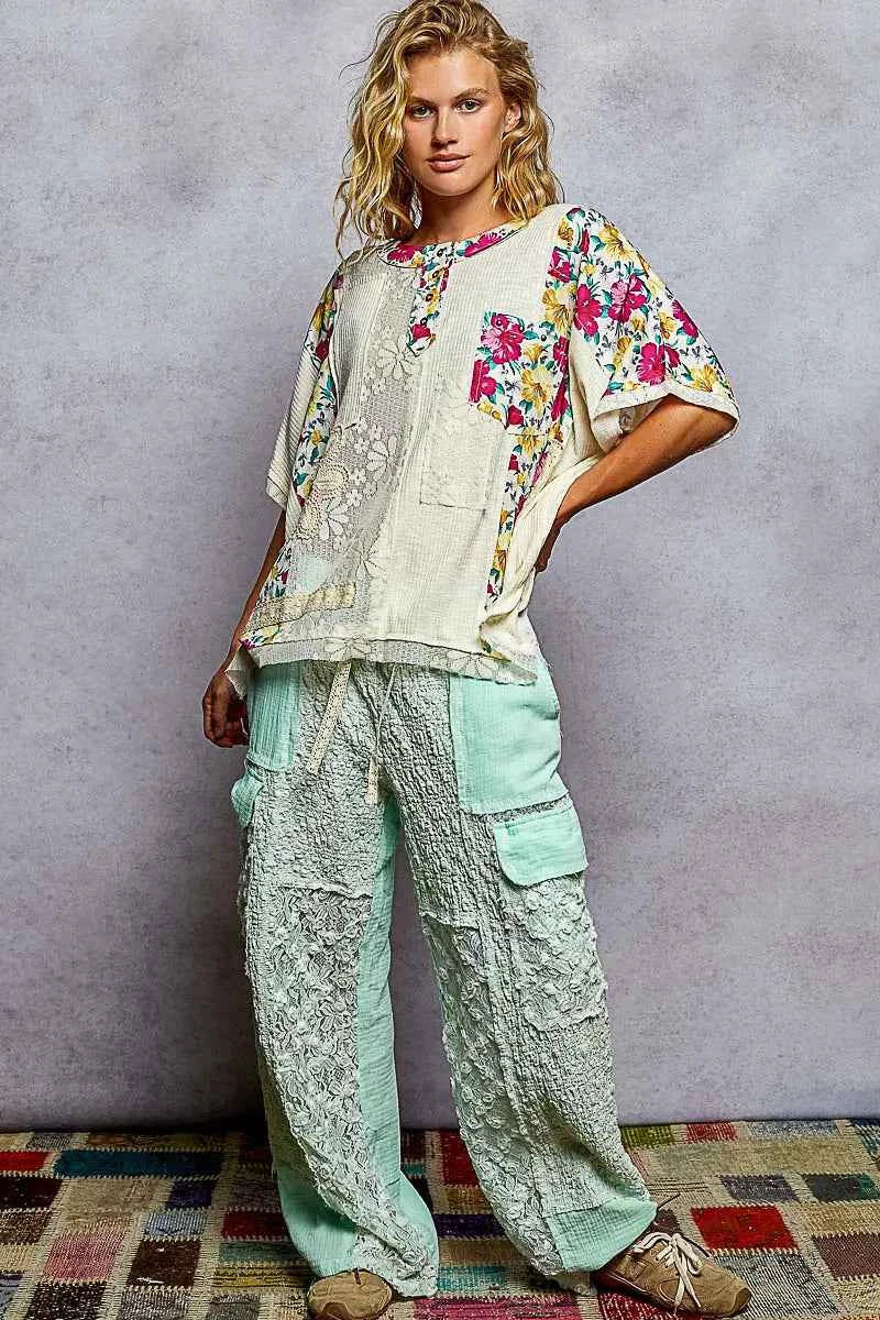 Lace Round Neck Short Sleeve Floral Pattern Top with Patch Detail ff5d2856-0a2c-4d27-8382-f6a8082bb2bb-Max-Origin