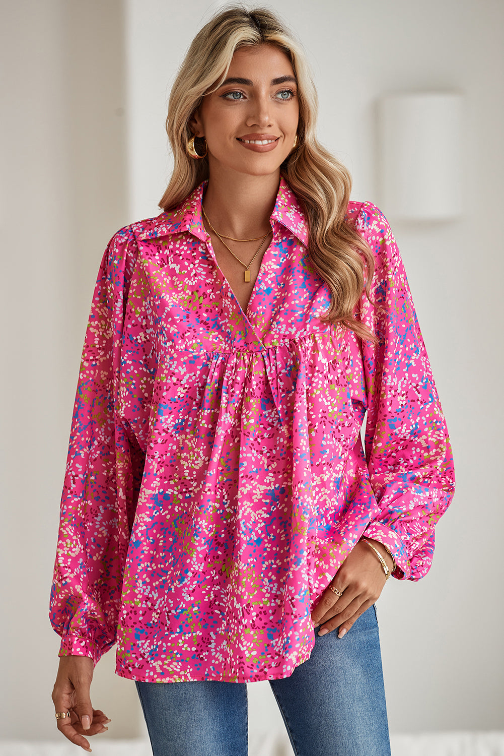 Bonbon Abstract Print Loose Fit Collared V Neck Babydoll Blouse ff5dd04bef6954e5