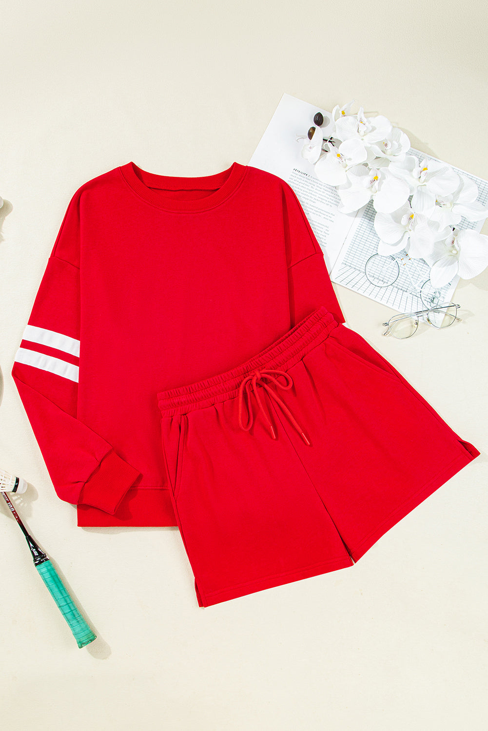Orange Varsity Striped Sleeve Drop Shoulder Sweatshirt and Shorts Set ff5e594e171fa22c