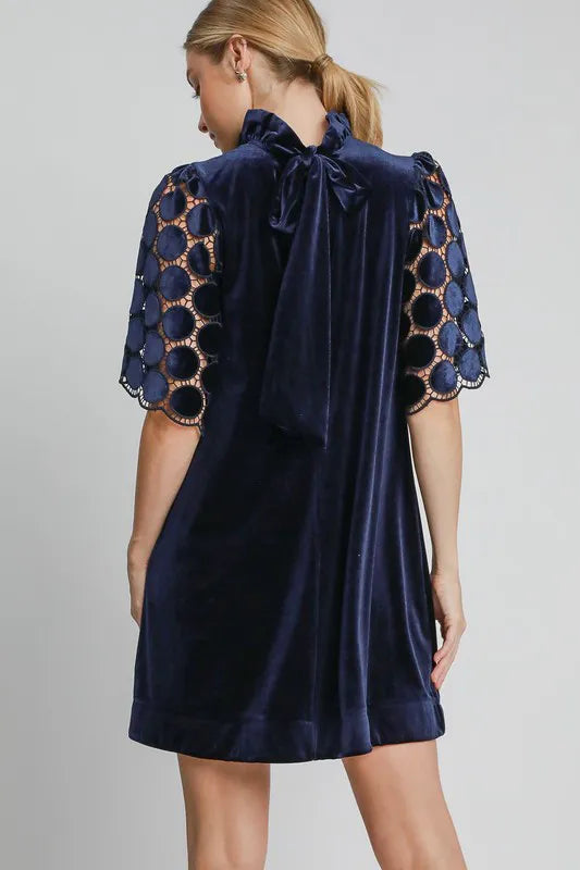 Umgee Dotted Lace Half Sleeve Mock Neck Back Tie Velvet Dress ff5e93e0-7fee-4367-8167-77be7b8e3d07-Max