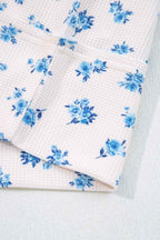 Beige Floral Print Waffle Patchwork Balloon Sleeve V Neck Oversized Top ff5fbaebf3a96d50