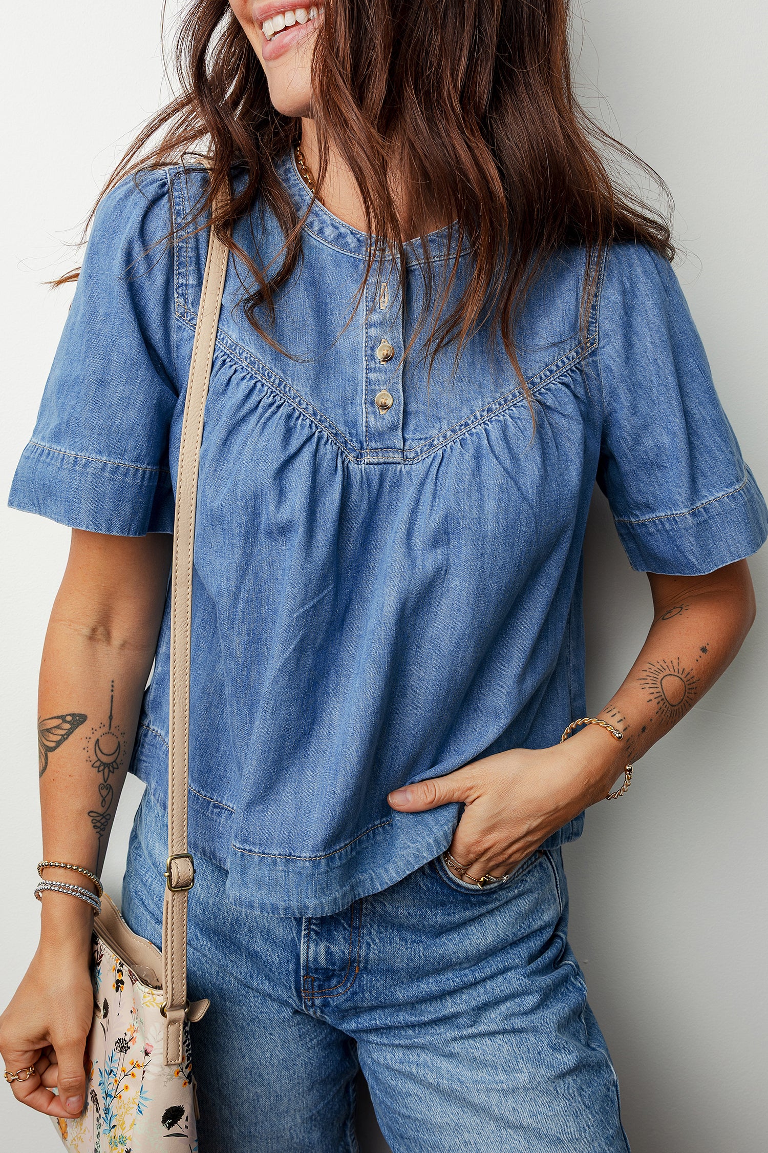 Beau Blue Seam Pleated Detail Half Button Short Sleeve Denim Top ff67a85271c0bee7