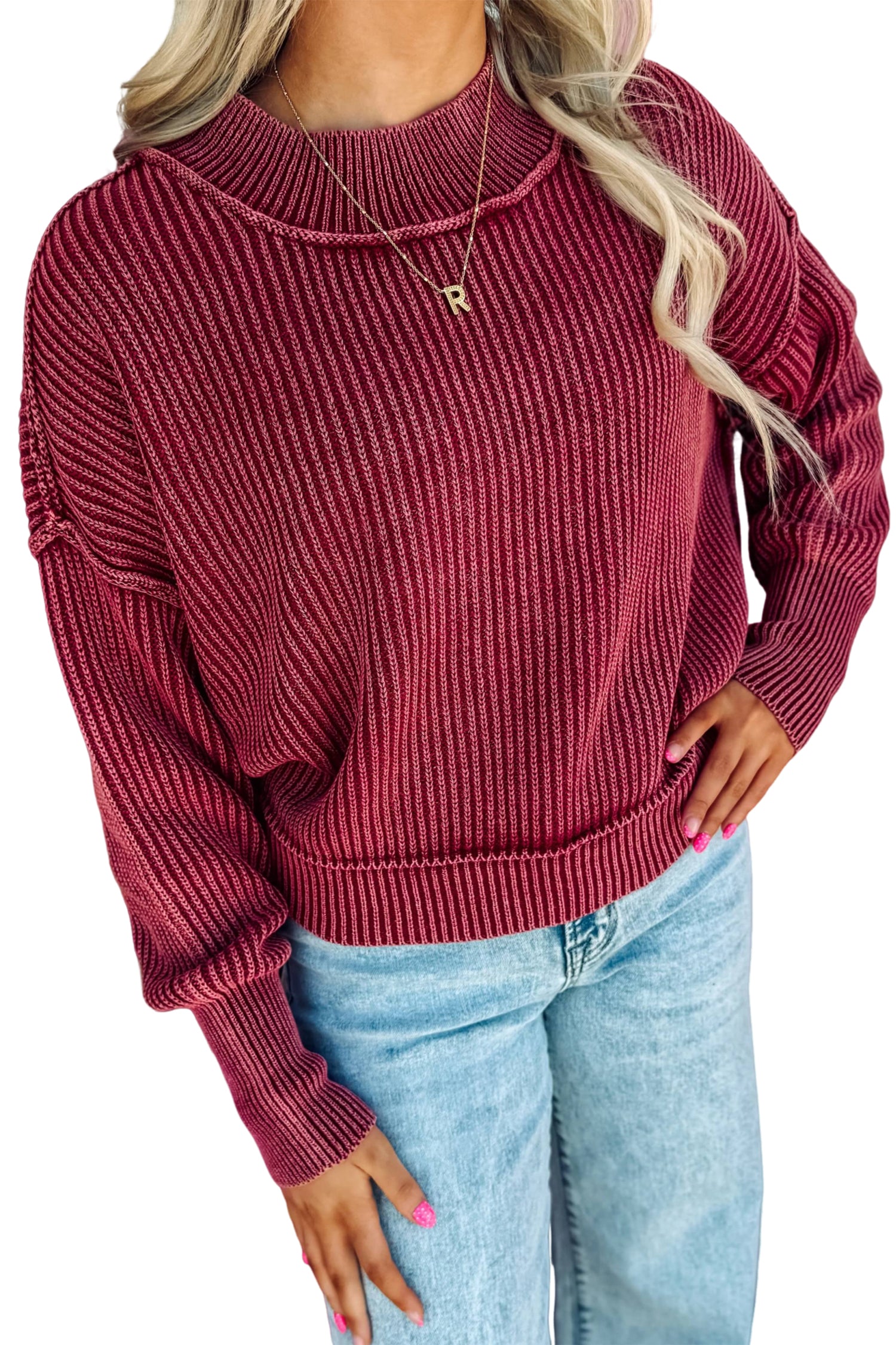 Red Dahlia Drop Shoulder High Neck Ribbed Sweater ff6955abb9b7dbb0