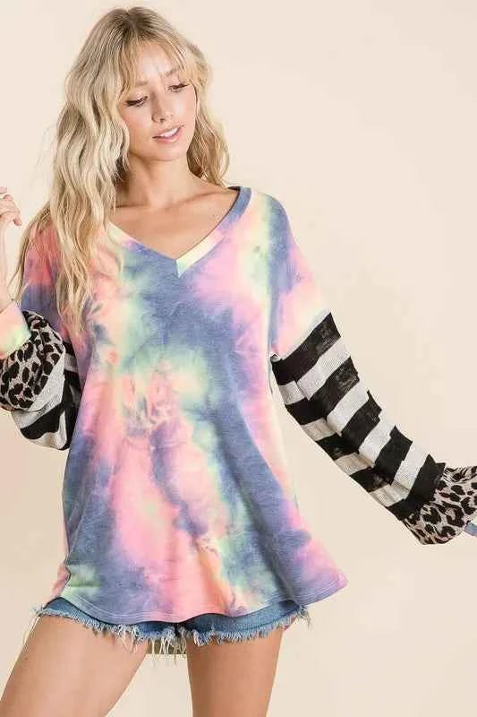 Tie Dye V Neck Top with Stripe Puff Sleeves CHARCOAL TIEDYE ff6a91cd36f74b69ae6e28ac3d96d6ff-Max-Origin