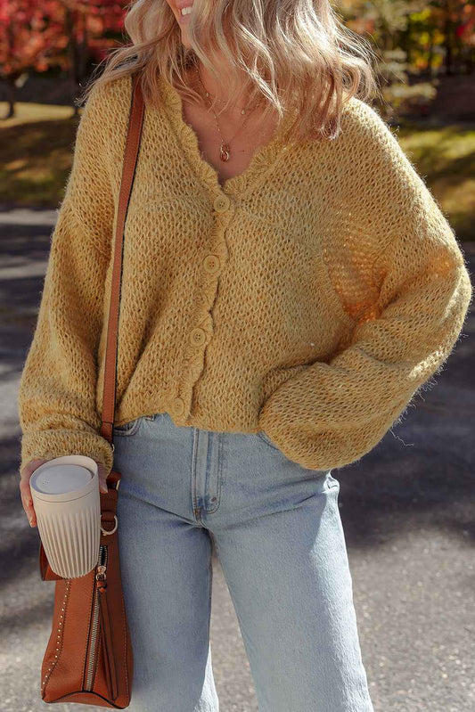 Light French Beige Lantern Sleeve Scallop V Neck Buttoned Front Cardigan Light French Beige 75%Acrylic+25%Polyamide ff6f436fe80e3749