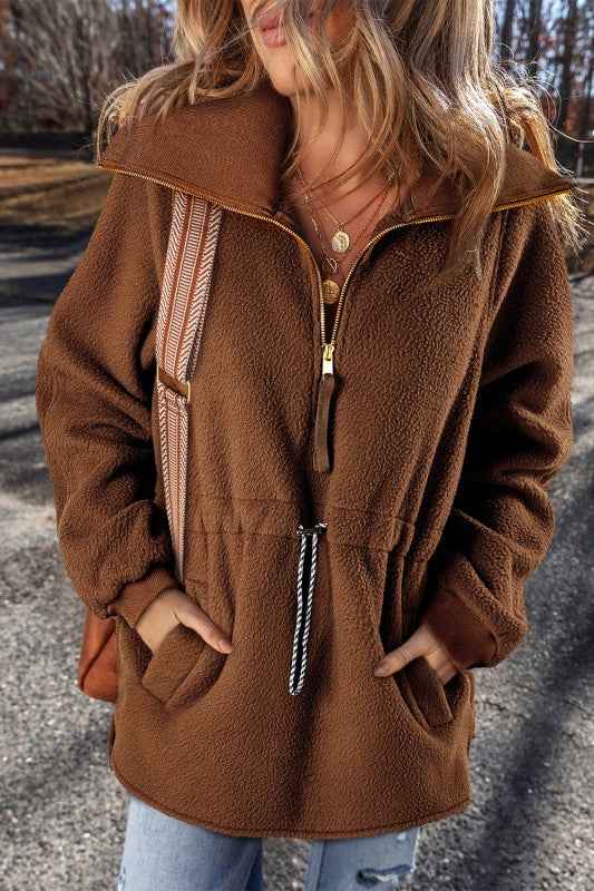 Solid Half-Zip Fleece Pocketed Sweatshirt Brown ff738064-179b-4339-97ef-74cb4b59172f