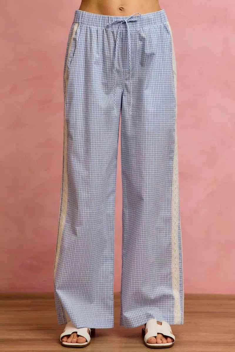 SO ME Wide Check Pants With Side Lace Trim And Piping BLUE ff796845d8d4451cb5415e5a03b2b4ac-Max-Origin