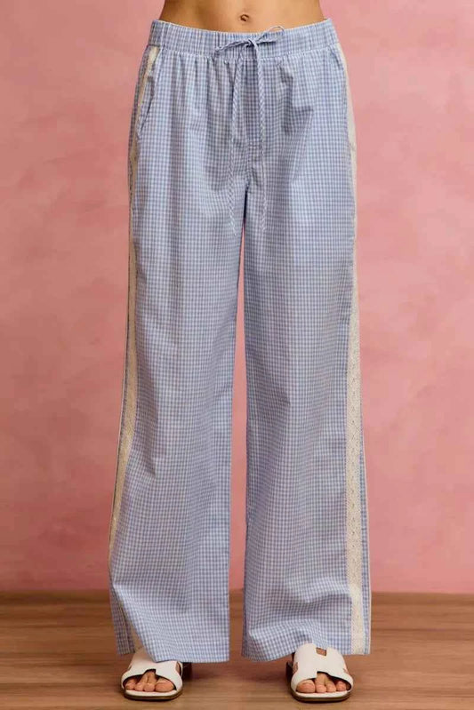 SO ME Wide Check Pants With Side Lace Trim And Piping BLUE ff796845d8d4451cb5415e5a03b2b4ac-Max-Origin