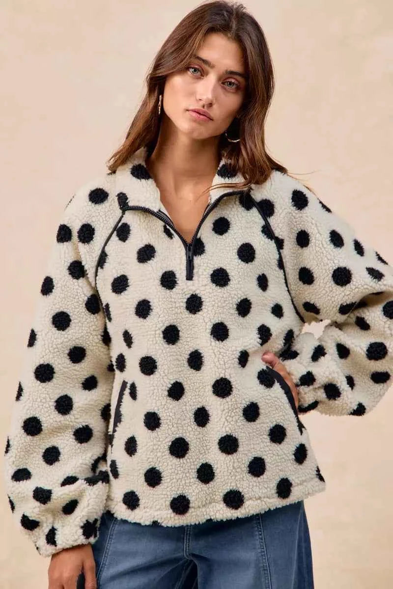 Polka Dot Sherpa Half Zip Up Top with Side Pocket ff8abfad-2757-4231-8bda-92654bf48ee0-Max-Origin