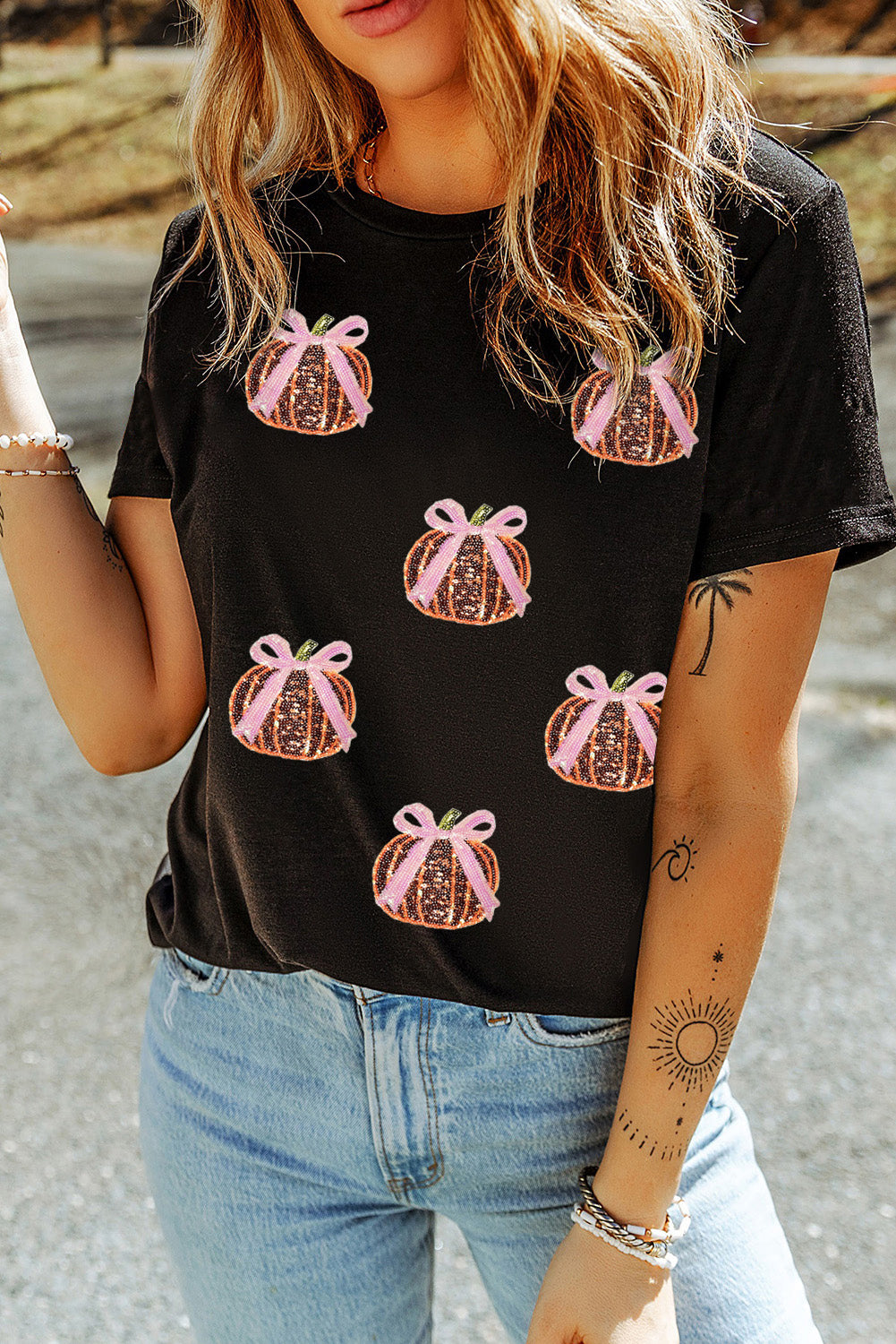 Black Sequin Bow Pumpkin Patched Cotton Blend T Shirt ff8bd213732f0faf