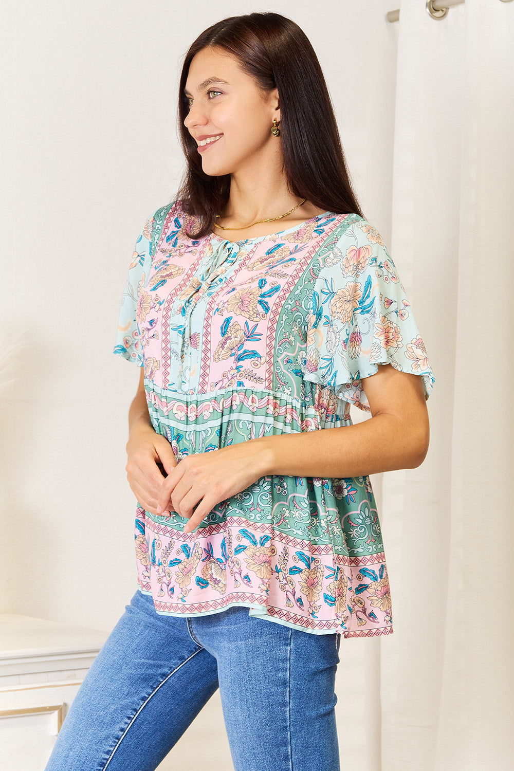 Perfee Floral Tie Neck Short Sleeve Blouse ff8f1dd3d851427e88afb08682f205ed-Max