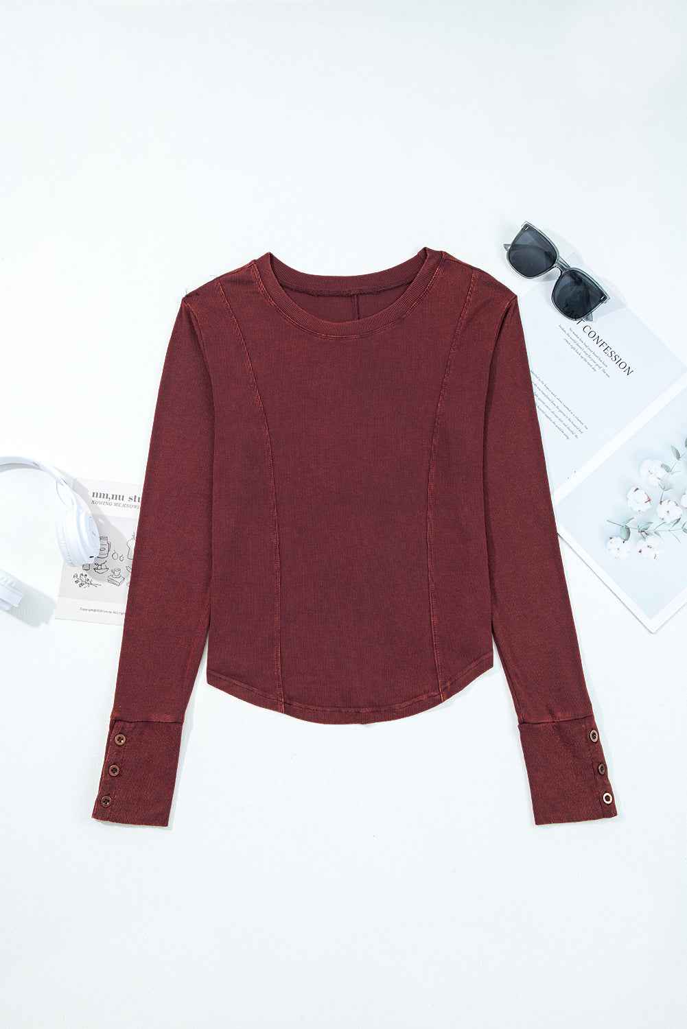Burgundy Exposed Seam Ribbed Long Sleeve Top ff910799b8c98480