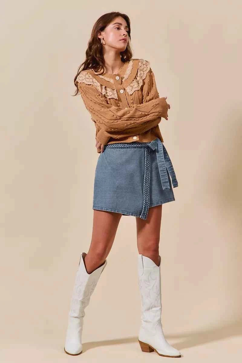 SO ME Wrap Braided Trimmed Denim Skort ff950264edb746fc8db59fb3505b8371-Max-Origin
