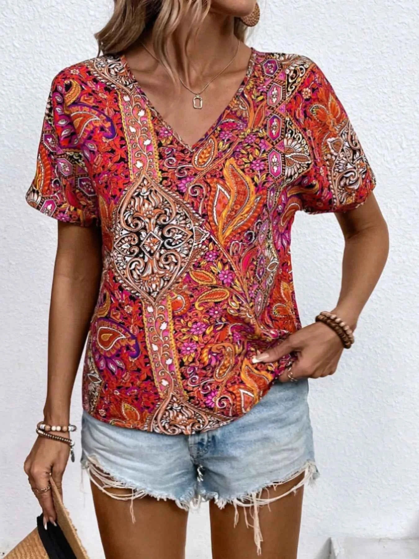 Bohemian Paisley Print V-Neck Short Sleeve T-Shirt Scarlet ffa818e5-9c07-4cb4-a1f2-4a296cc12e0c-Max-Origin