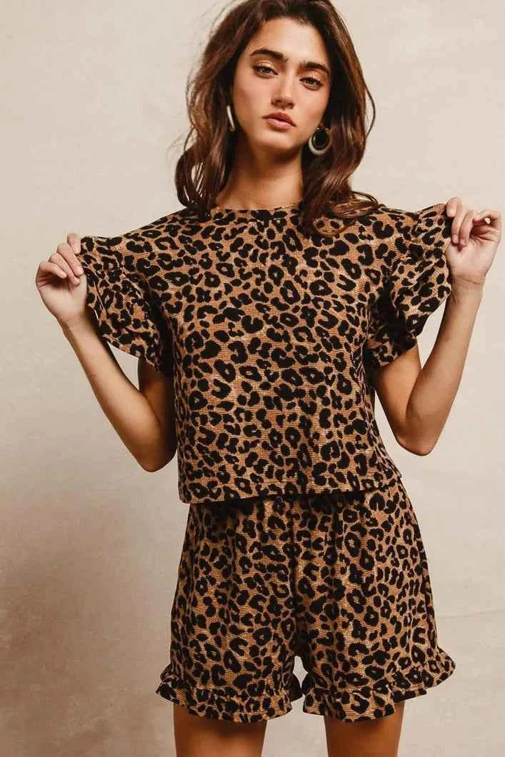 BiBi Leopard Print Waffle Texture Layered Ruffle Sleeve Top and Shorts Set ffa95a1b9ea84f5c8f21d6c2310c991b-Max-Origin