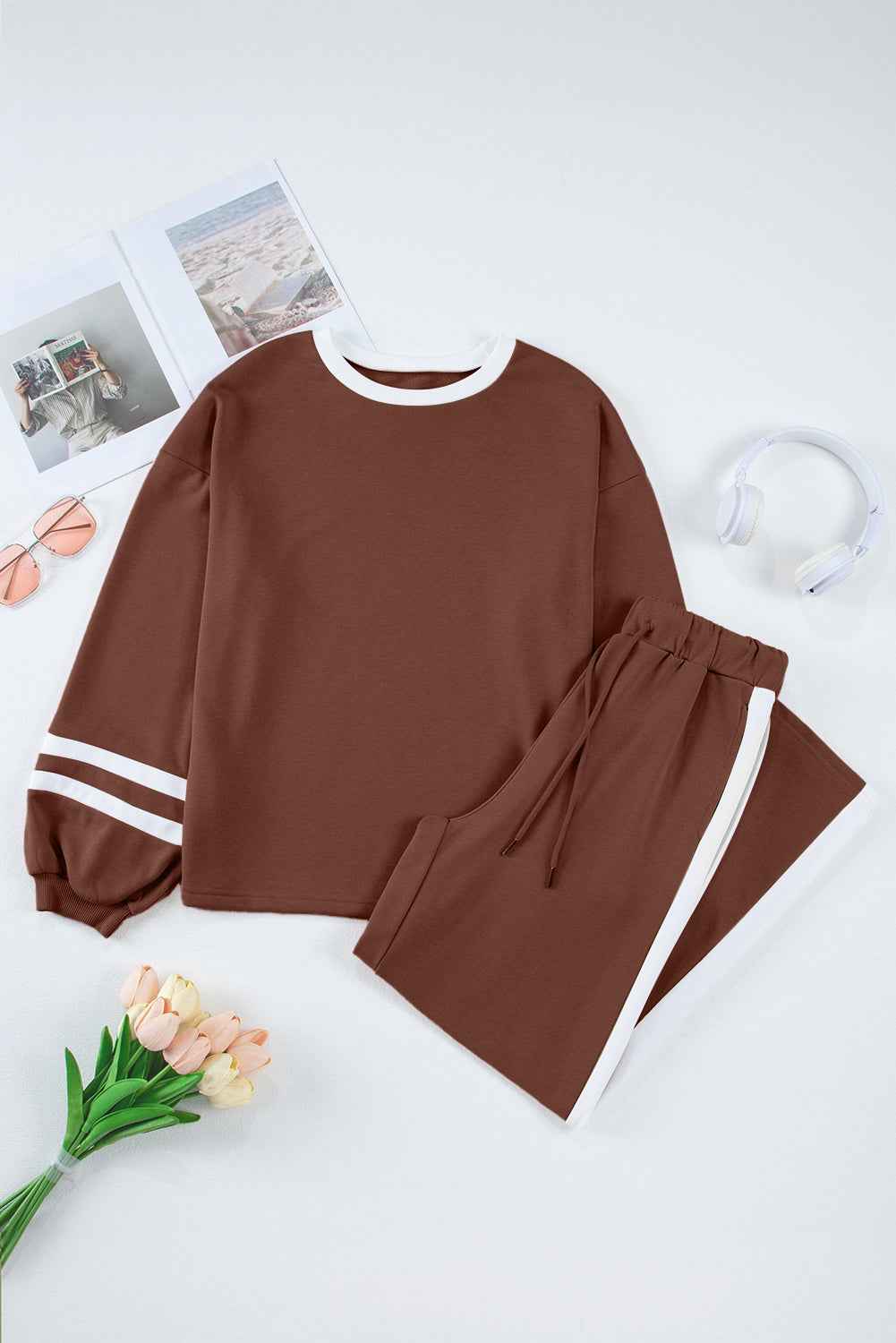 Mineral Red Varsity Stripe Patchwork Puff Sleeve Pullover Drawstring Wide Leg Pant Set ffbd606bb6b48b0b