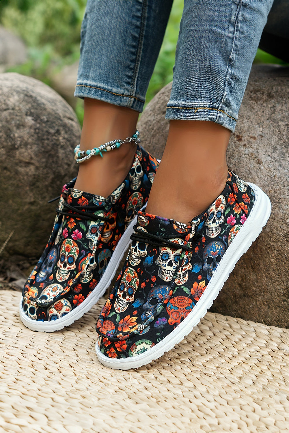 Dark Blue Halloween Skull Print Lace Up Casual Shoes ffbf4de8604981ef