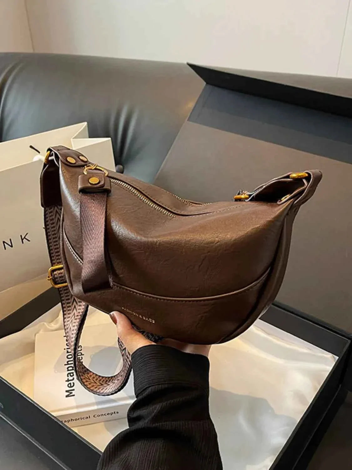 Leather Shoulder Bag with Woven Strap ffc66226-92a5-4614-b0fd-22bc516684af-Max-Origin
