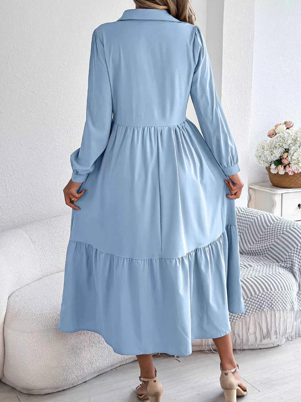 Long Sleeve Tiered Button Front Midi Dress ffc66a235b814a3993c03818ebaa20e6-Max-Origin