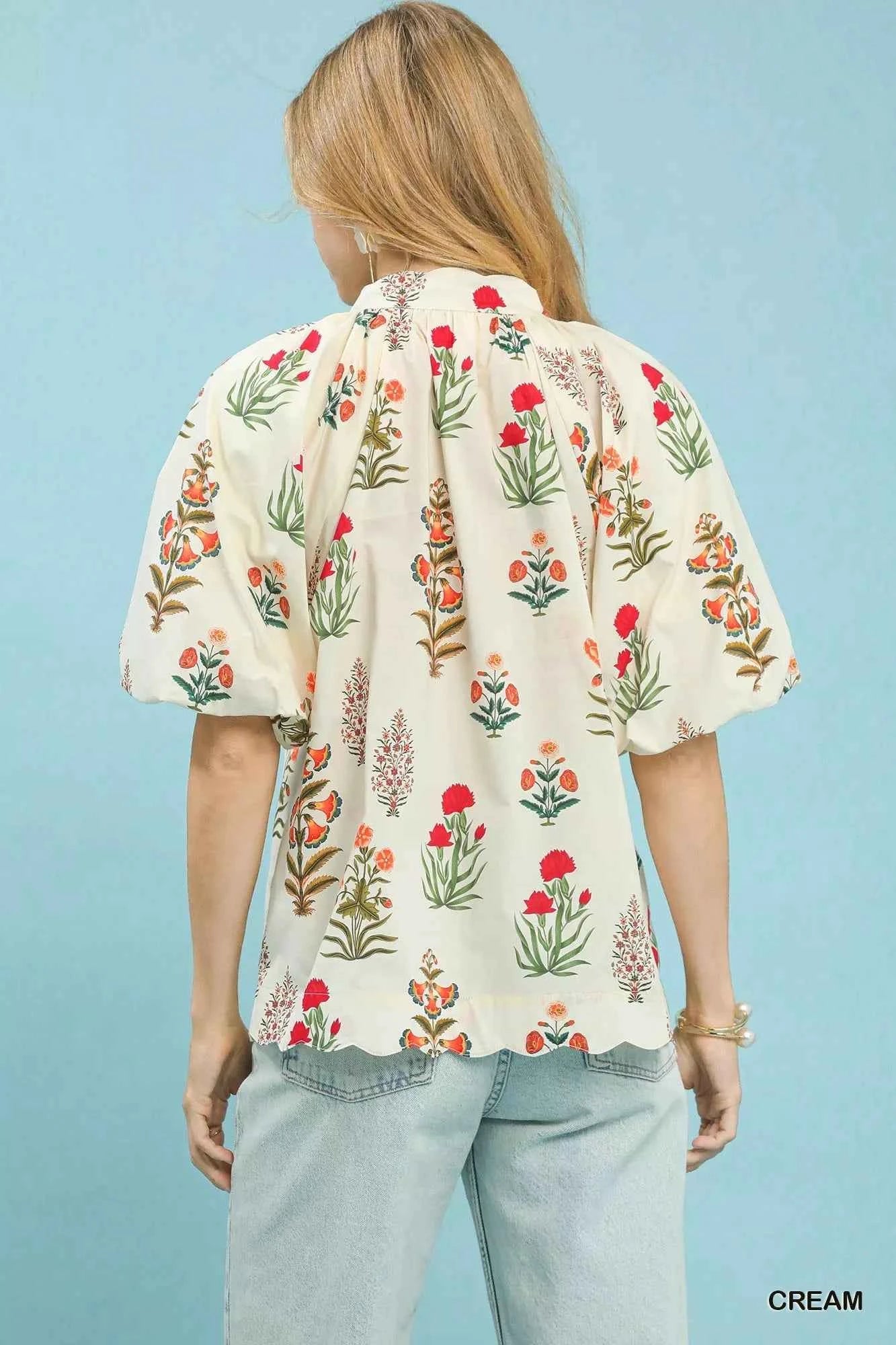 Umgee Floral Print Puff Sleeve Scallop Hem Blouse ffc8a35e-fdd5-480a-9f8c-1aaace1462b7-Max-Origin