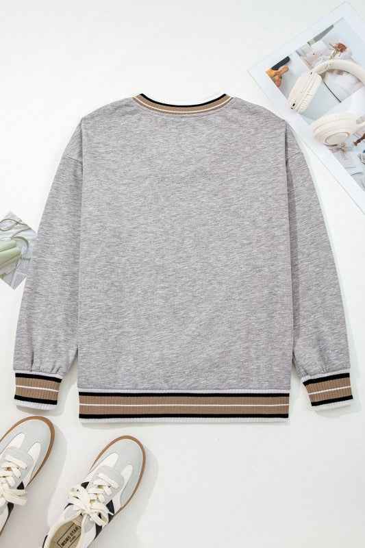 Varsity Contrast Stripe Trim V-Neck Sweatshirt ffc99907-a5dd-430b-8327-471ae0c0d3e0