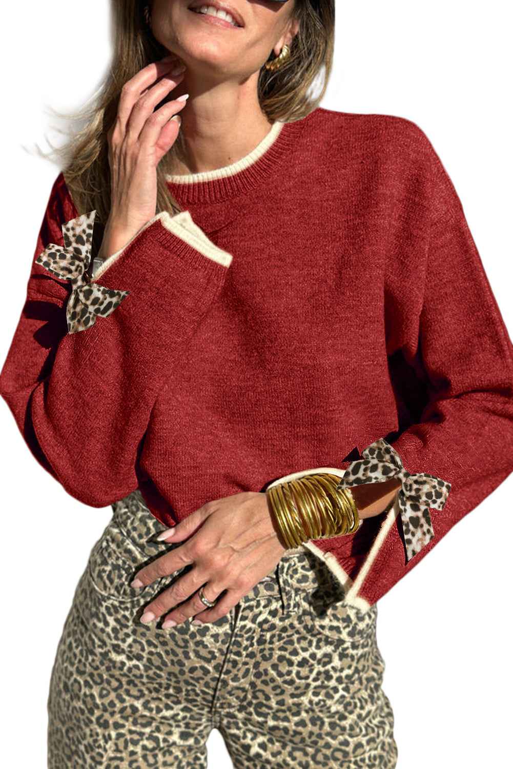 Racing Red Leopard Bow Decor Split Cuffs Contrast Trim Sweater ffcbedfe7c7295e0
