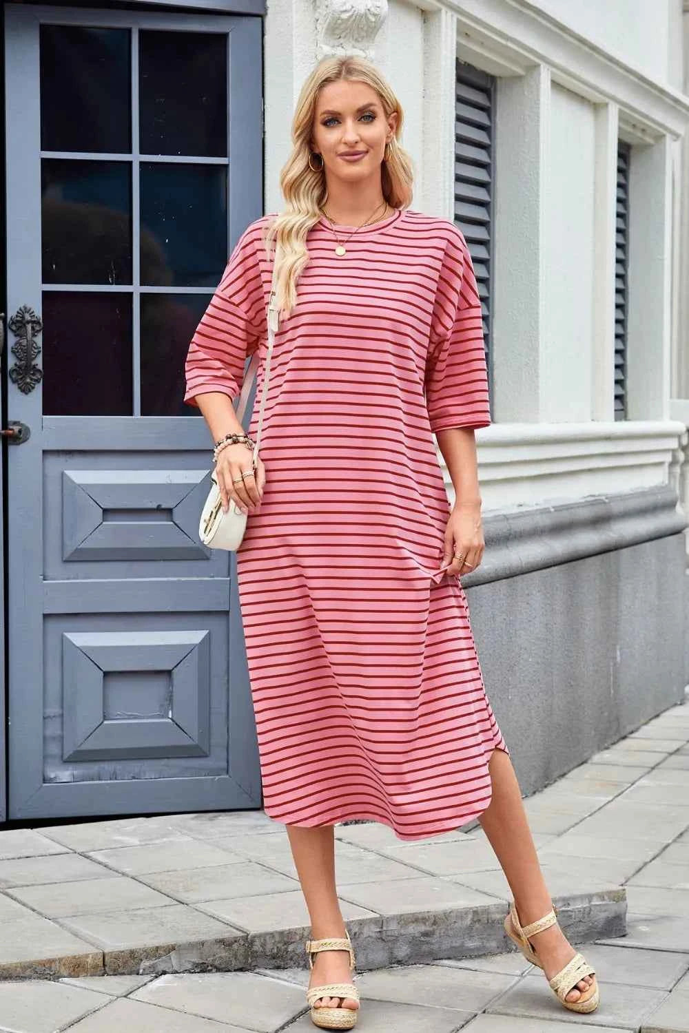 Lovelet Contrast Striped Half Sleeve Midi Tee Dress ffcf18ce-7800-4781-b553-1ccd74ca4dc5-Max