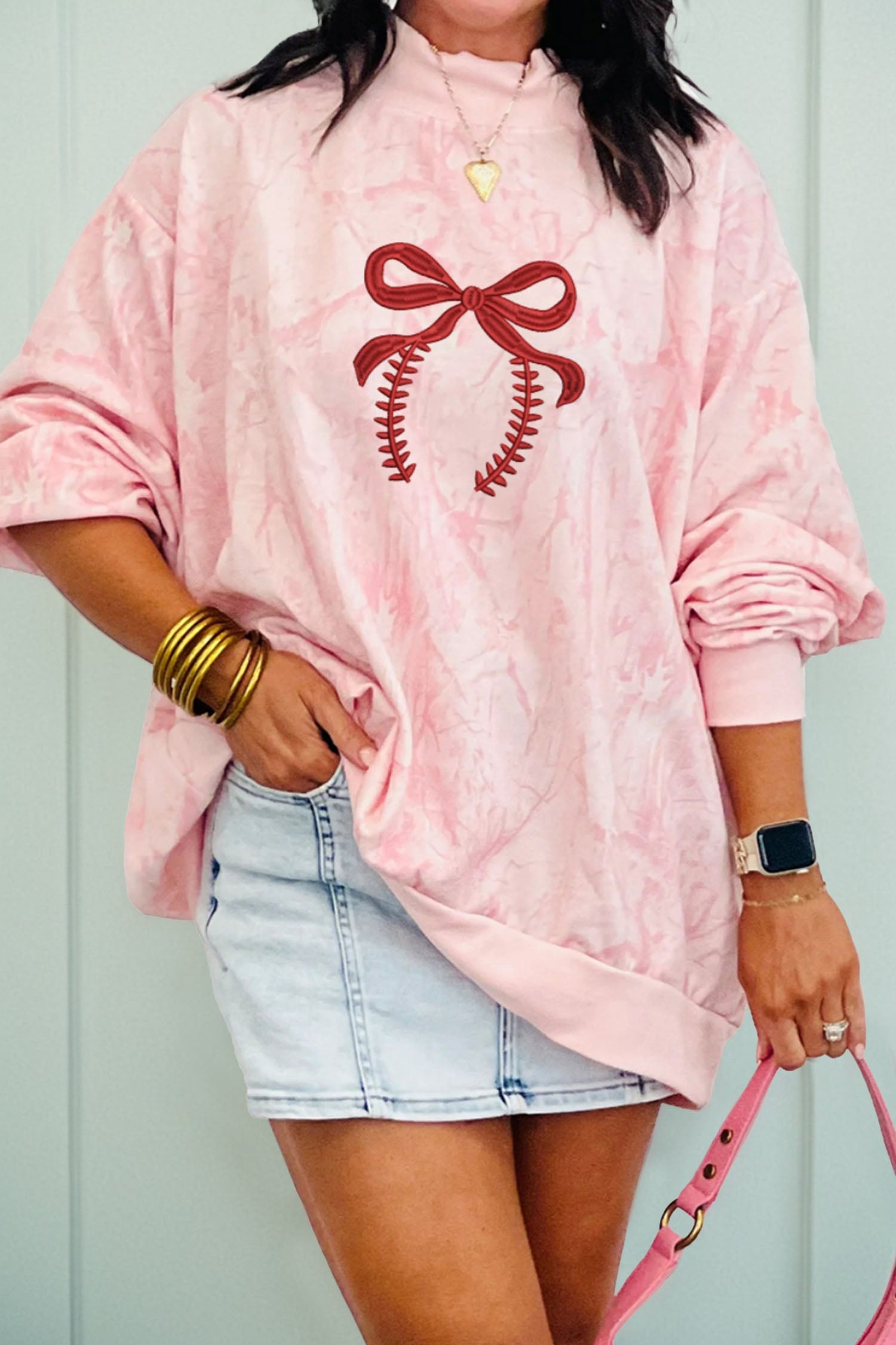 Pink Tie Dye Camo Embroidered Bow Game Day Mock Neck Sweatshirt Pink 100%Polyester ffd013fdc83d0b7d