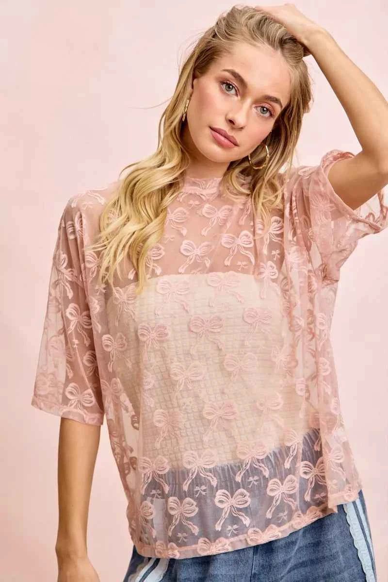 BiBi Bow Pattern Short Sleeves Boxy Mesh Top ffd0beed987346f1b9d5f32d924f1cb4-Max-Origin