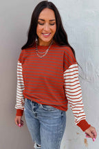 Orange Stripe Contrast Sleeve Patchwork Drop Shoulder Long Sleeve Sweatshirt ffd16a83a6b6a809