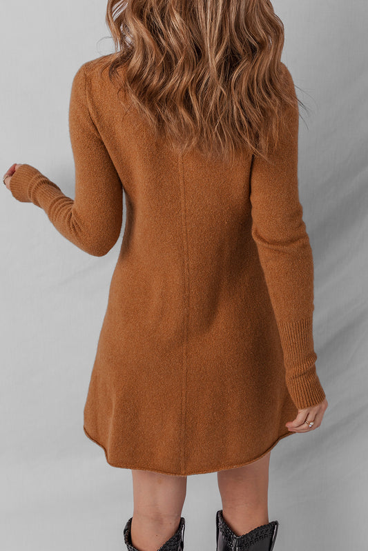 Straw Yellow Ribbed Detail Solid Color Mini Sweater Dress ffd497734962733e