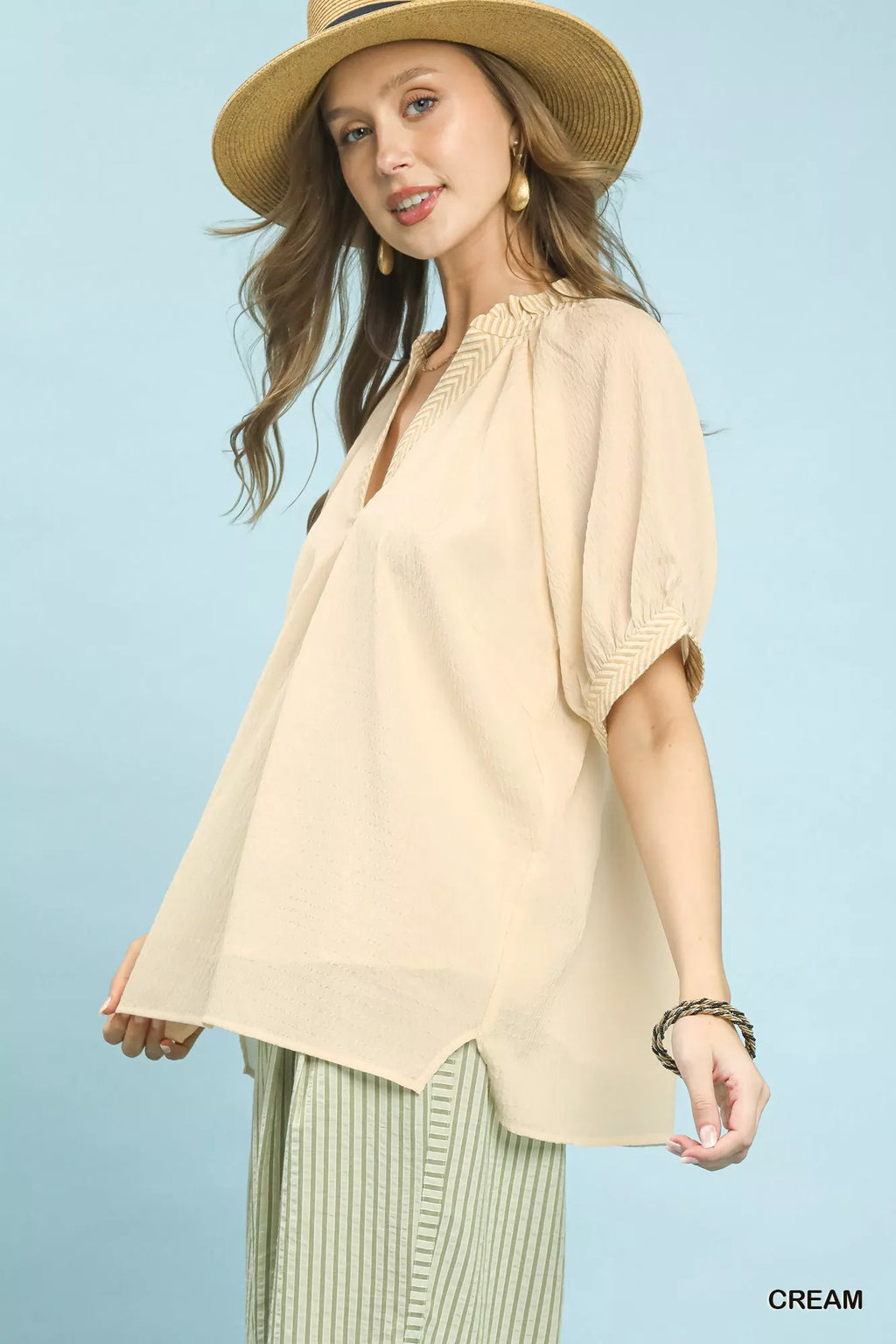 Umgee V-Neck Short Sleeve Blouse ffd68556-5843-43f6-95ab-fe7e35d3c7e5-Max-Origin
