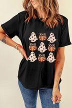 Black Halloween Ghost Pumpkin Graphic Crew Neck T Shirt ffdbb79298065b90