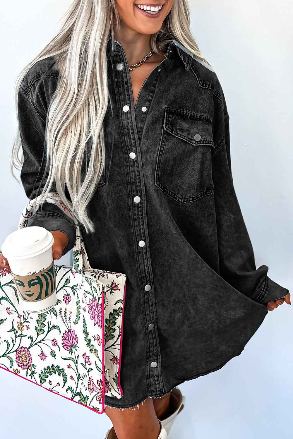 Beau Blue Chest Pocket Raw Hem Denim Loose Shirt Dress Medium Grey 100%Cotton ffe02f873a3e520d