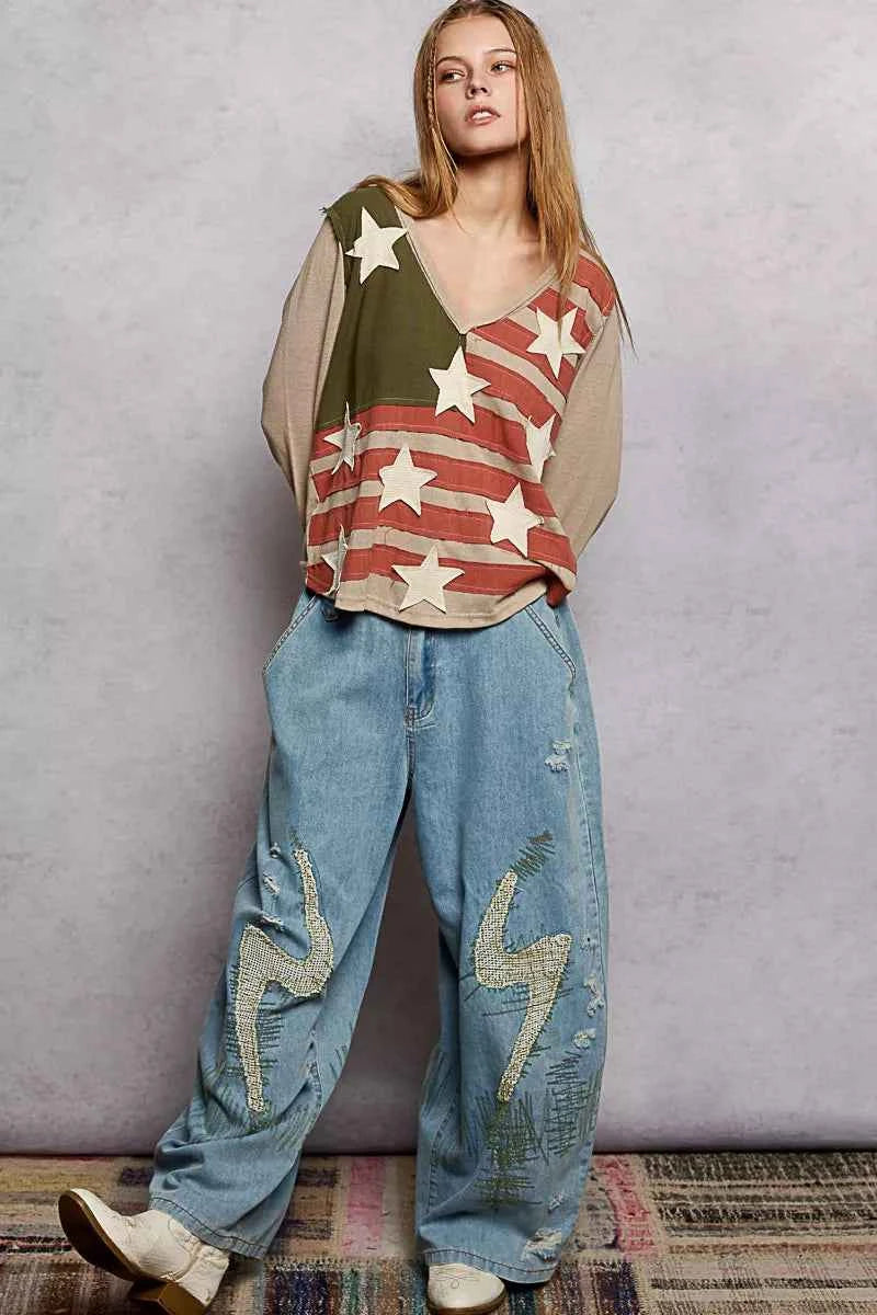 POL Double Gauze American Flag Patch V-Neck Long Sleeve T-Shirt ffe4e361-e090-4ab6-8467-e72026ed8e8f-Max-Origin
