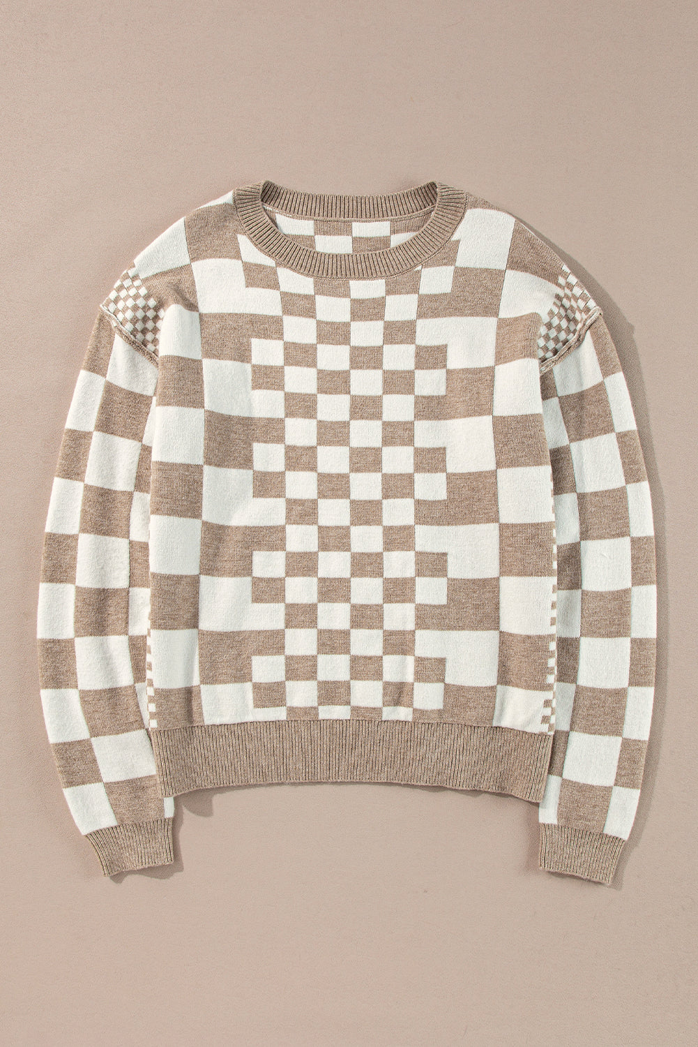 Black Checkered Drop Shoulder Round Neck Sweater ffe96a73277a8f2c