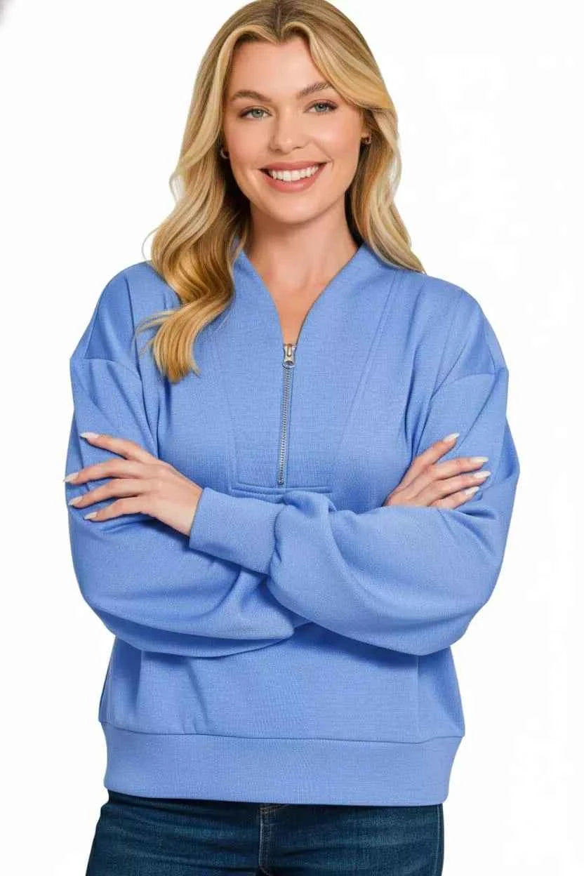 Zenana Scuba Half Zip Drop Shoulder Sweatshirt ffe99240-0e71-4e32-84a9-b763b63a176c-Max-Origin