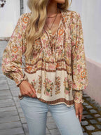 Floral Print Tie Neck Bohemian Blouse ffeb3240-a9fd-4917-bd8d-37f4bdbbdc56-Max-Origin