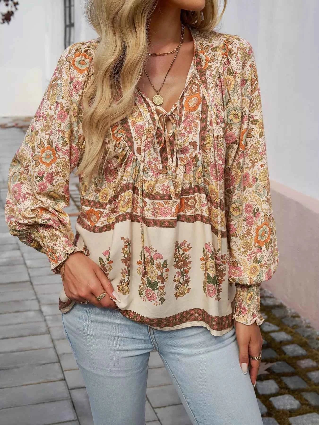 Floral Print Tie Neck Bohemian Blouse ffeb3240-a9fd-4917-bd8d-37f4bdbbdc56-Max-Origin