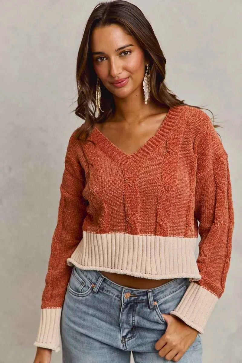 SO ME Chenille Cable Knit V Neck Contrast Cropped Sweater ffebbd21de514c9a987be7411be67c61-Max-Origin