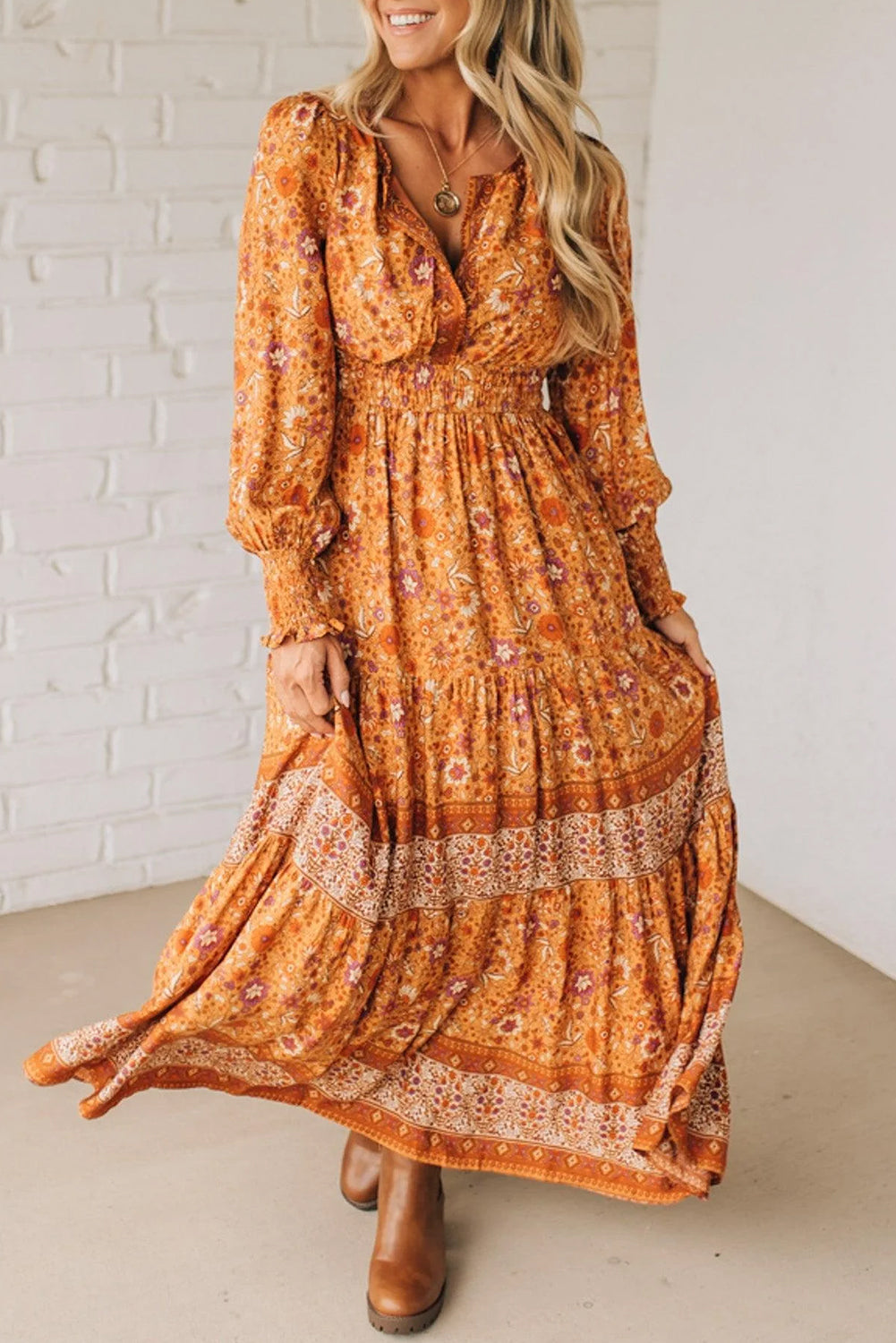 Orange Floral Print Smocked Waist Long Sleeve Boho Maxi Dress Orange 100%Viscose ffef5e3fbca21d0f