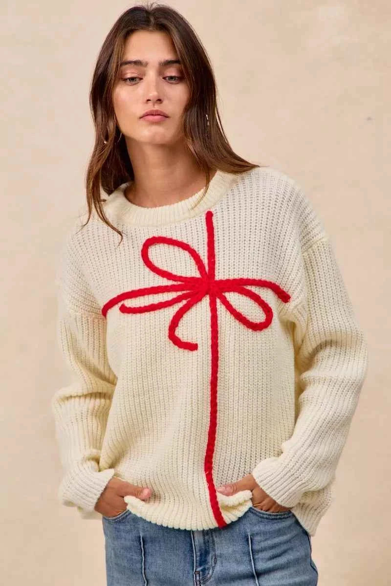 BiBi Christmas Ribbon Bow Embroidery Sweater fff6468e83eb40f8a80b8f170f39e8ad-Max-Origin