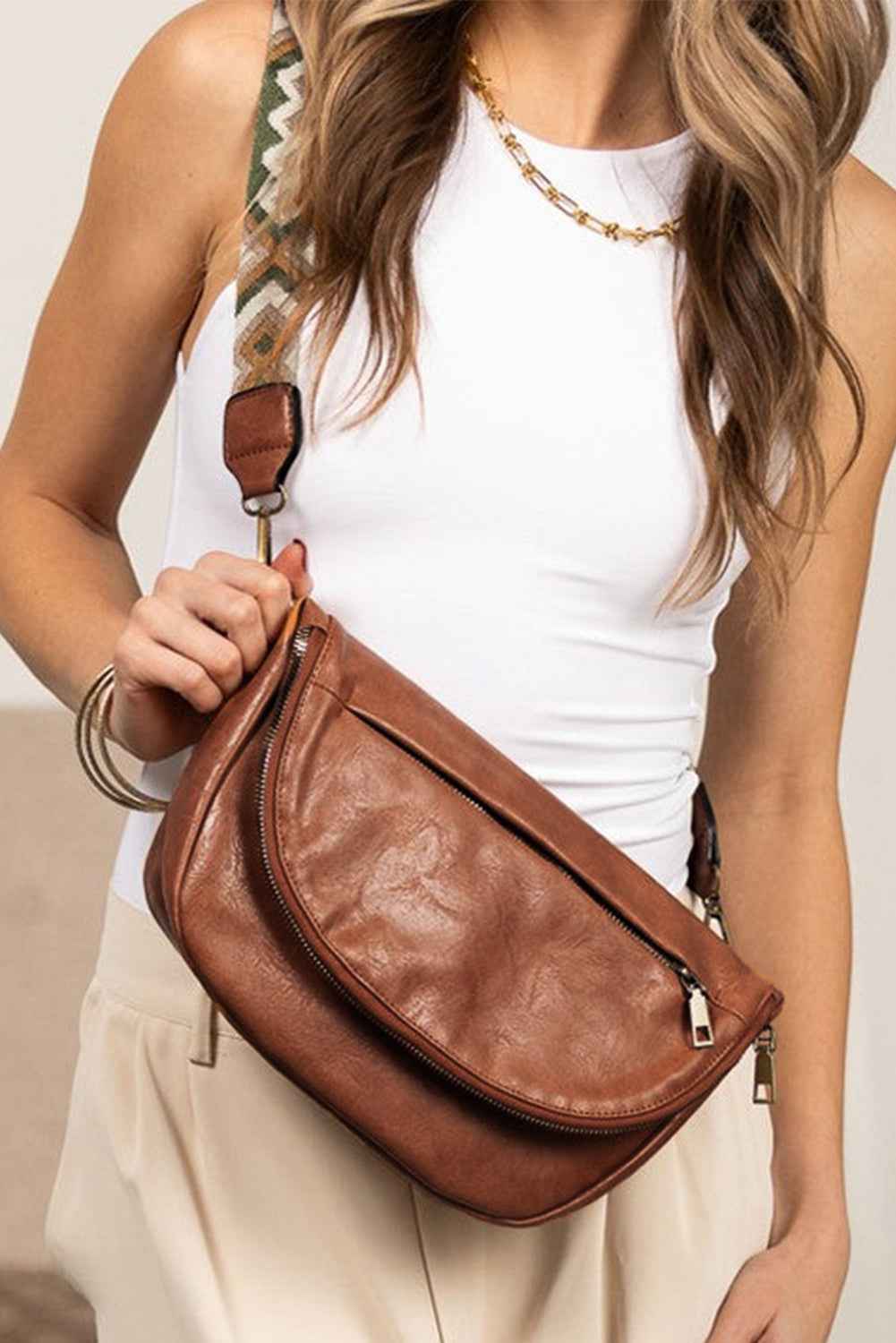 Dark Grey Wide Strap PU Leather Crossbody Bag Thai Curry ONE SIZE 95%PU+5%Alloy ffff238efbf855eb