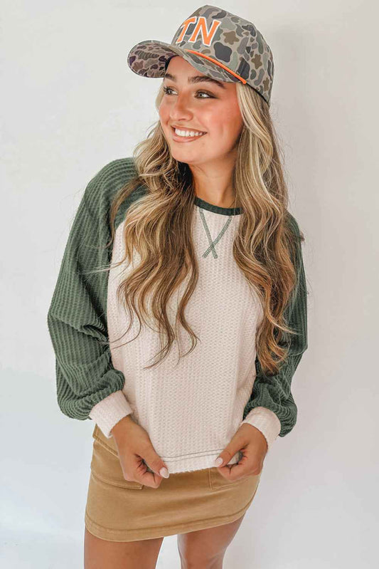 Mist Green Waffle Color Block Raglan Sleeve Top ffffad74c18048d5