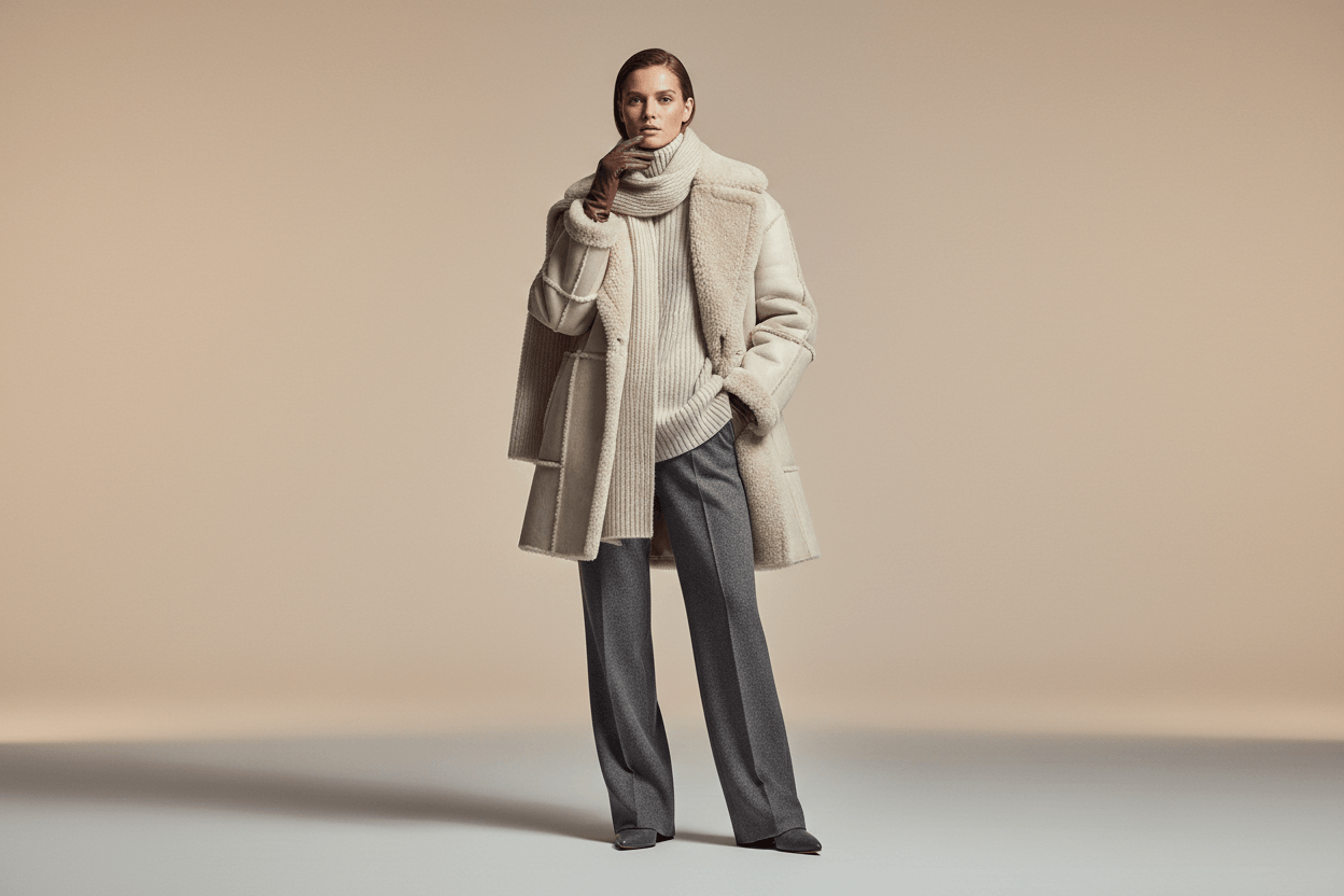 “Minimal studio shot of a woman in premium winter wear, soft shadows, clean backdrop, luxury editorial composition.”